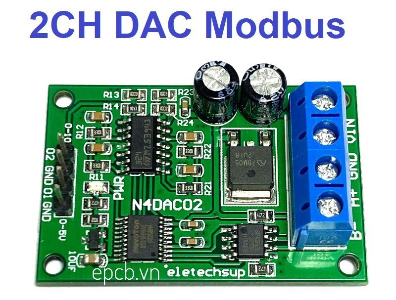 Mạch DAC 2 kênh ( 0-5VDC & 0-10VDC) RS485 Modbus RTU kết nối PLC (N4DAC02)