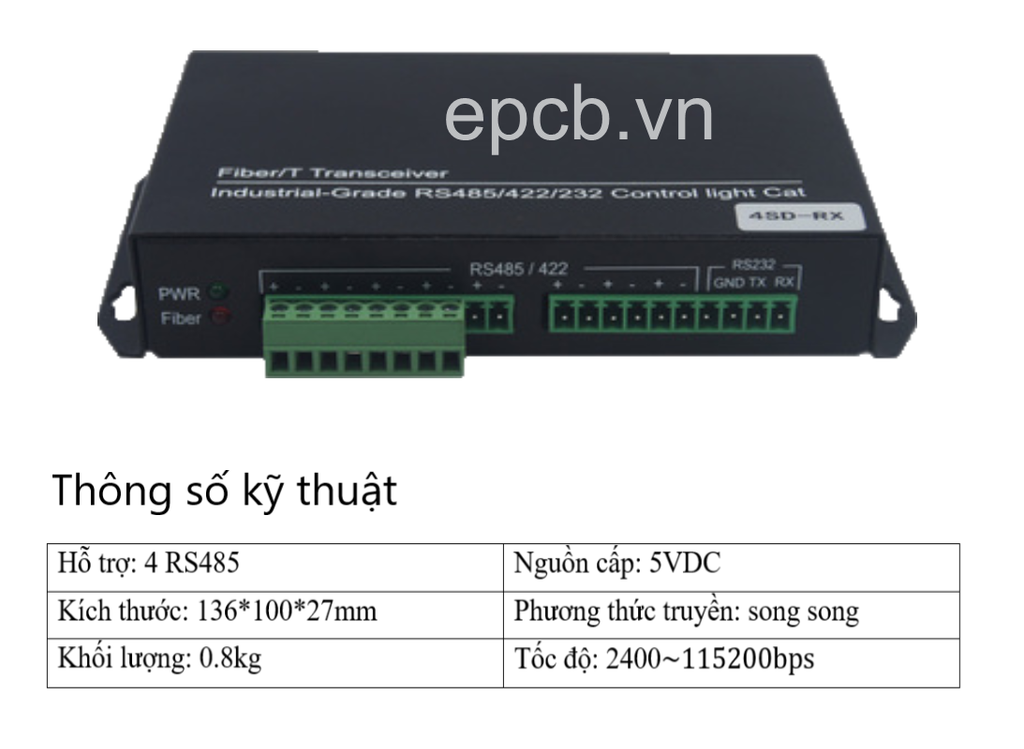 Bộ chuyển đổi 1 cổng RS485 sang Quang Model RS485-FIBER-01