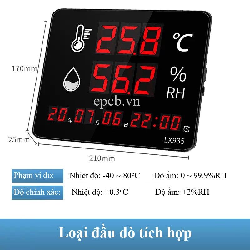 Đồng hồ đo nhiệt độ độ ẩm hiển thị ngày giờ màn hình led EP-LX935