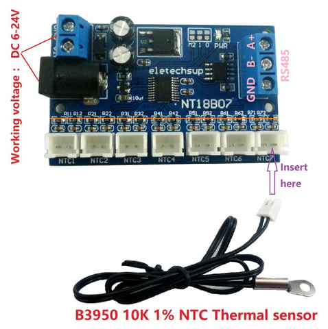 Mạch 7 kênh cảm biến nhiệt độ NTC10K RS485 Modbus RTU kết nối PLC (NT18B07)