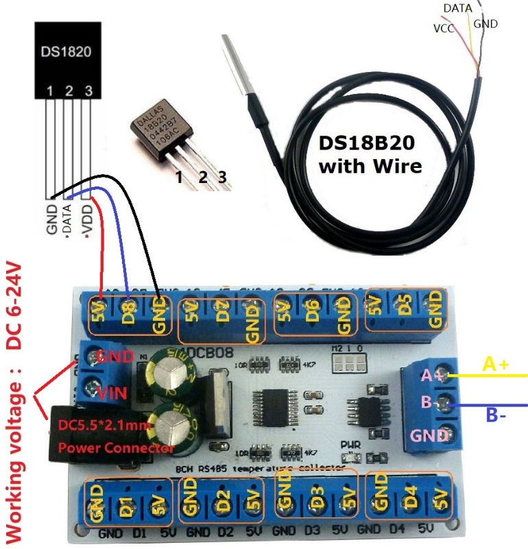 Mạch đọc 8 cảm biến nhiệt độ DS18B20 qua RS485 Modbus RTU  (R4DCB08)