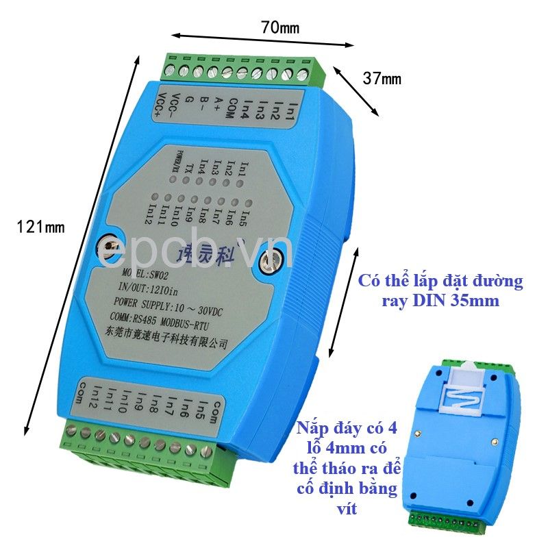 Module chuyển đổi đầu vào DI 12 kênh sang RS485 Modbus RTU DI-SW02