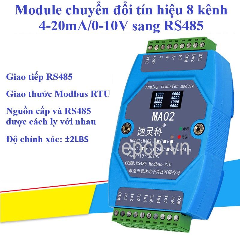 Module chuyển đổi tín hiệu 4-20mA/0-10V sang RS485 Modbus RTU MA02