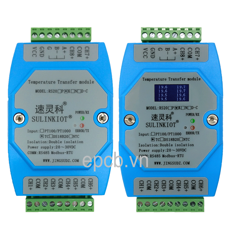 Module đọc nhiệt độ loại K 8 kênh RS20K-C ngõ ra RS485 Modbus RTU