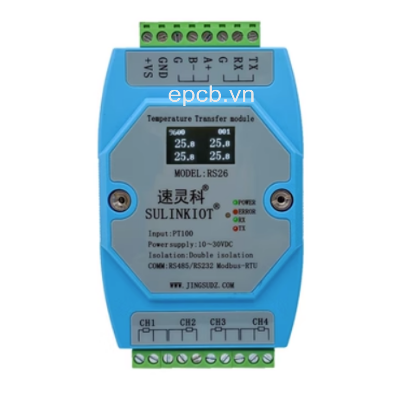 Module đọc nhiệt độ PT100 4 kênh ngõ ra RS485 Modbus RTU PT100-RS26