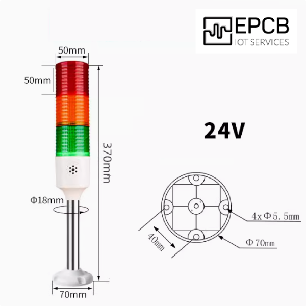 Đèn LED tháp 3 màu cảnh báo ánh sáng và âm thanh 24V