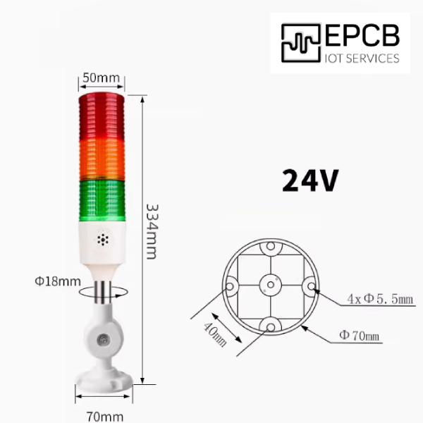 Đèn LED tháp 3 màu cảnh báo ánh sáng và âm thanh 24V