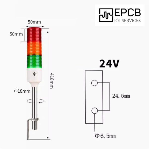 Đèn LED tháp 3 màu cảnh báo ánh sáng và âm thanh 24V