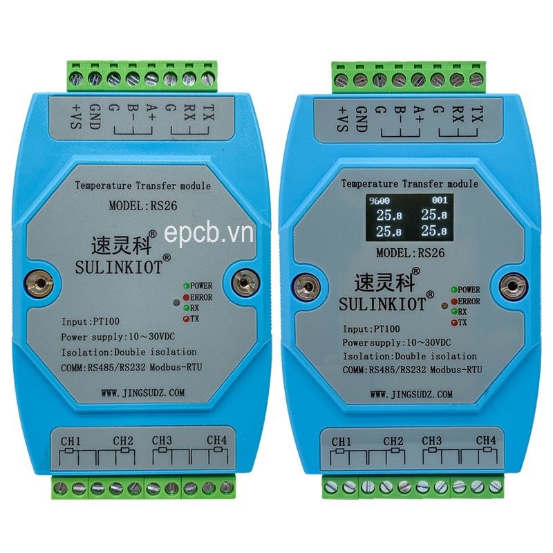 Module đọc nhiệt độ PT100 4 kênh ngõ ra RS485 Modbus RTU PT100-RS26