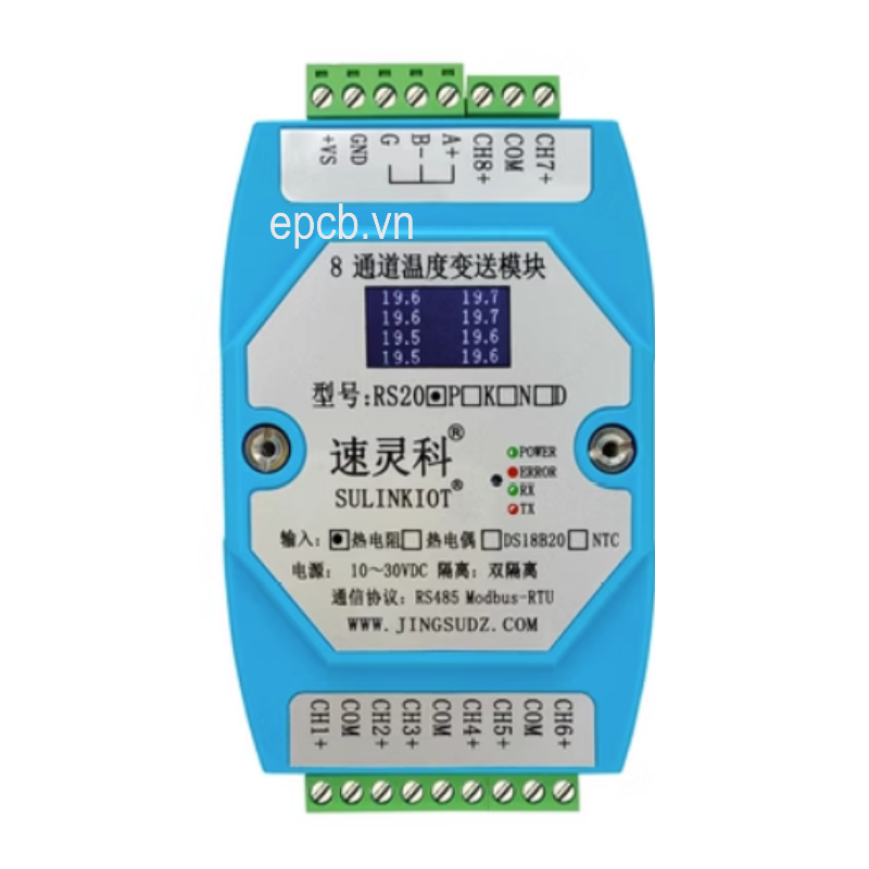 Module đọc nhiệt độ PT100 8 kênh ngõ ra RS485 Modbus RTU PT100-RS20P