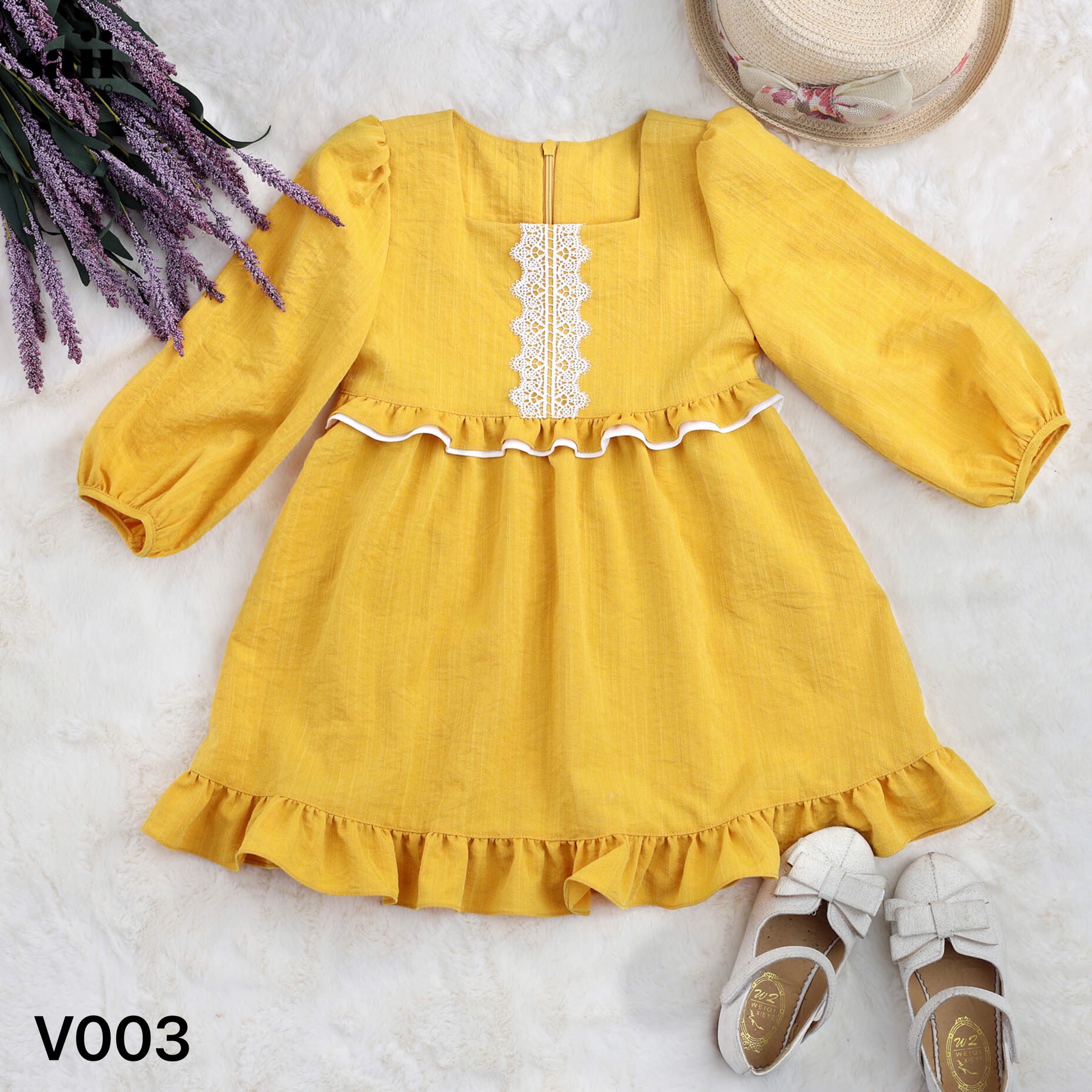 Váy cổ vuông bèo eo VP trắng - V003