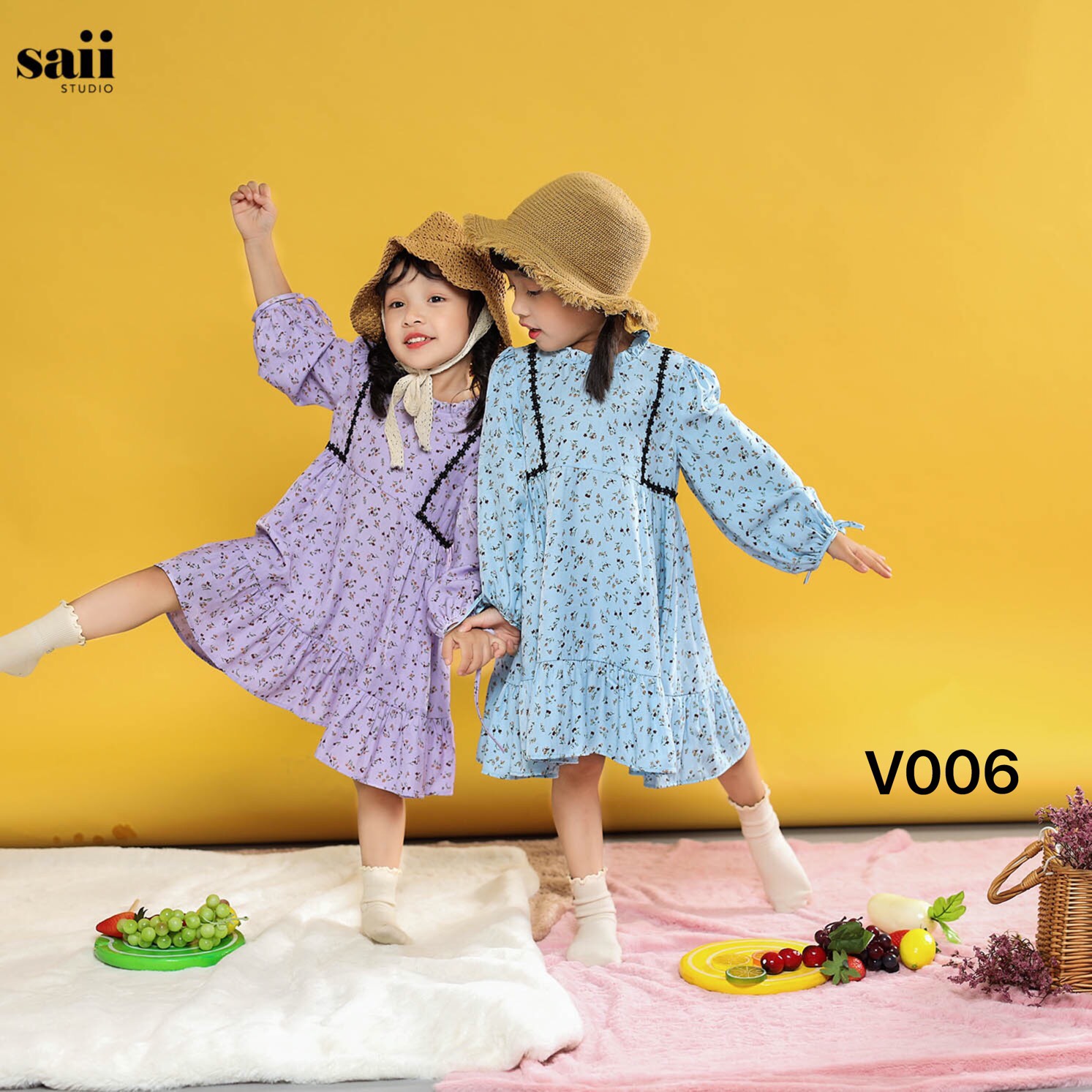 Váy hoa nhí, bèo cổ nhún sườn - V006