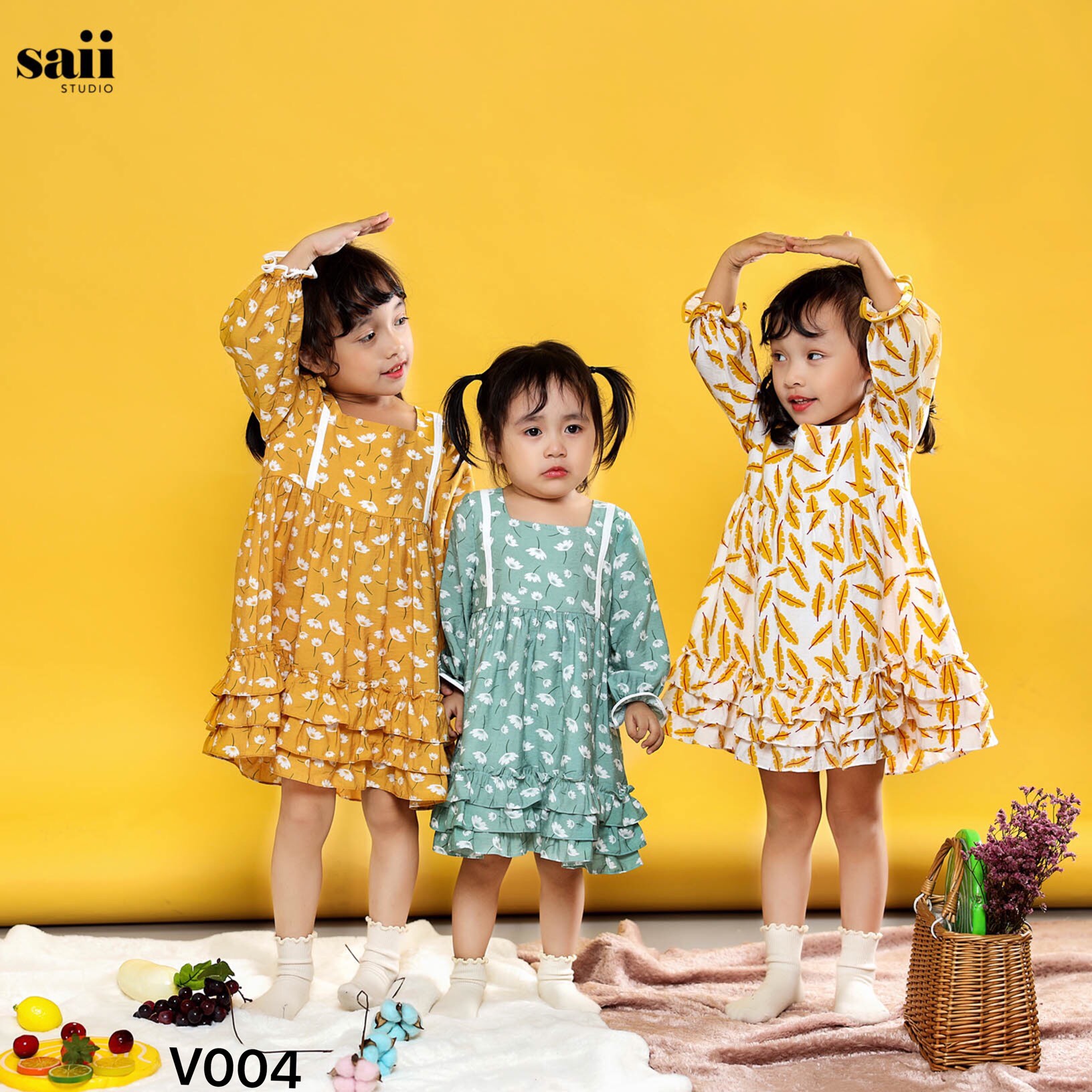 Váy cổ vuông can 3 tầng bèo gấu - V004