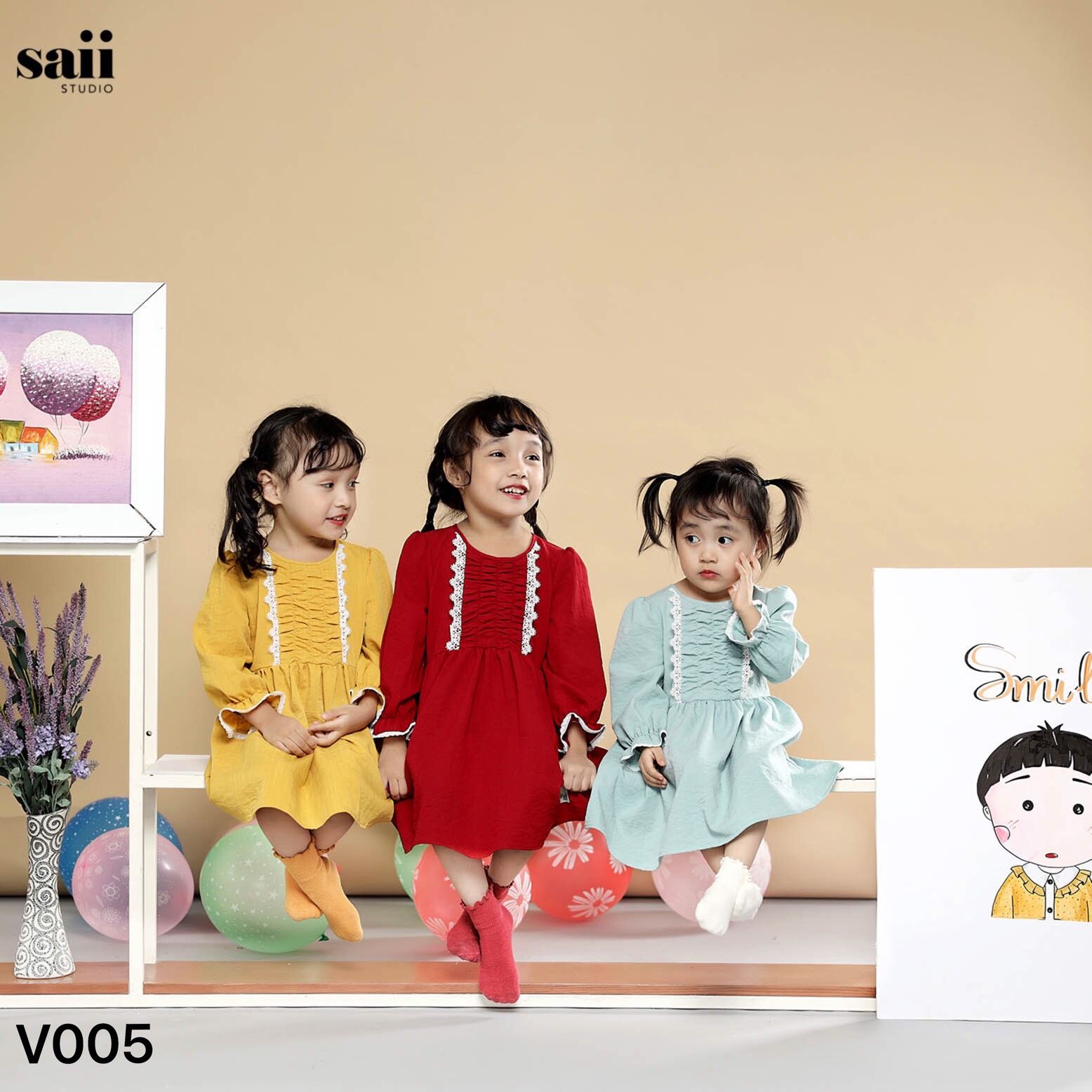 Váy cổ tròn nhún ngực, tay bồng - V005