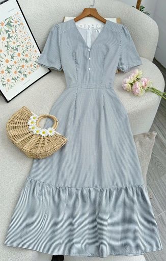 Đầm Linen Cotton Sọc Thiết Kế TuTu Store Phù Hợp Đi Chơi Dành Cho Nữ - Mã D1185
