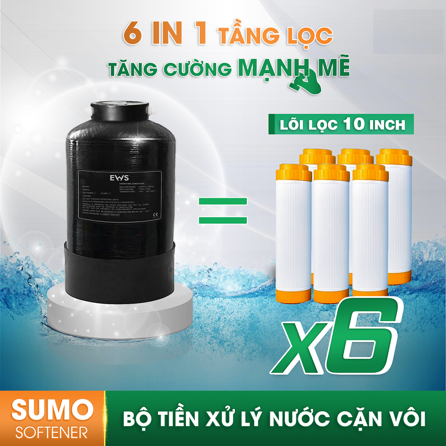 Bộ tiền lọc cột thô khử cặn canxi xử lý nước chống cặn Ews Sumo Softener