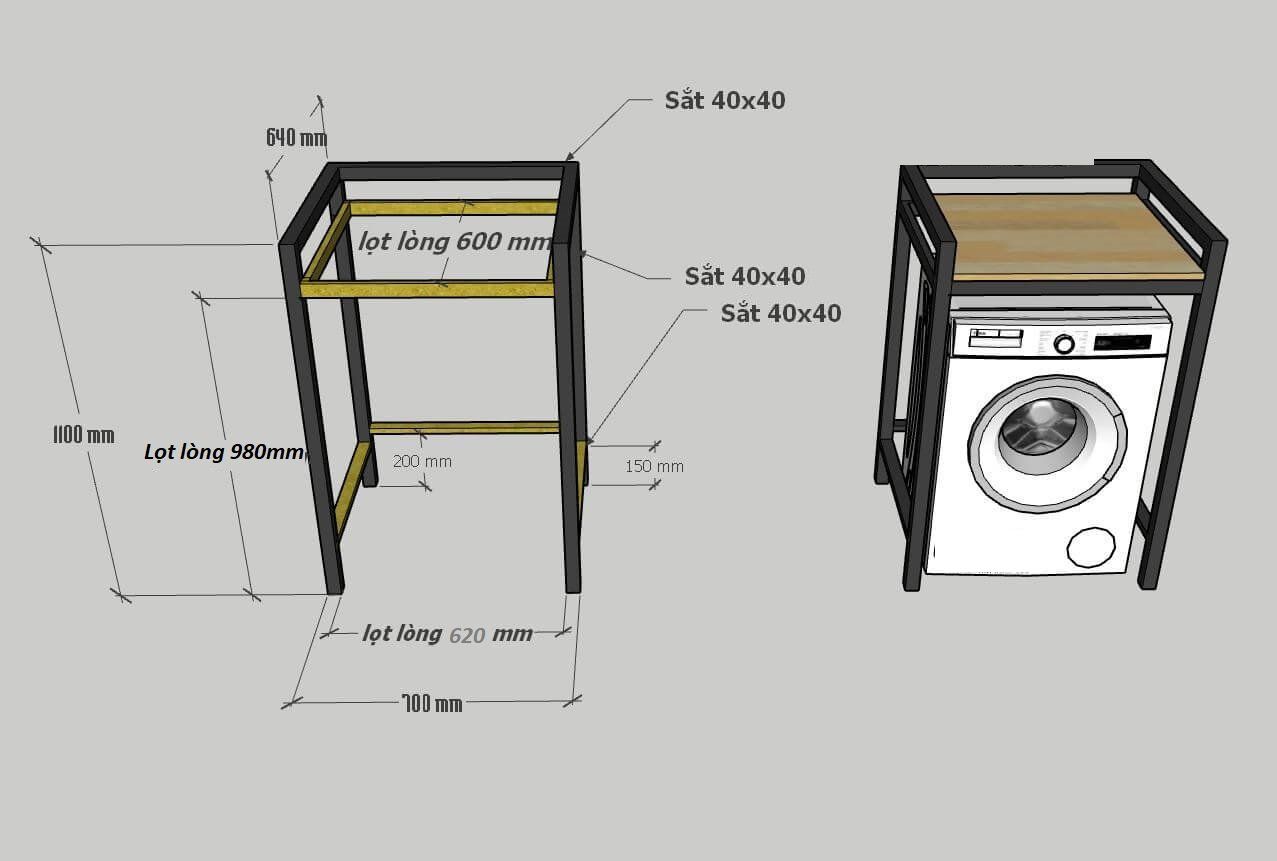  [Loại lắp ghép] Kệ máy giặt máy sấy 2 tầng chịu tải đến 300KG, hộp vuông 4x4cm  (Máy giặt, máy sấy từ 5.5Kg - 12kg) tặng kèm bộ 4 miếng chống rung 