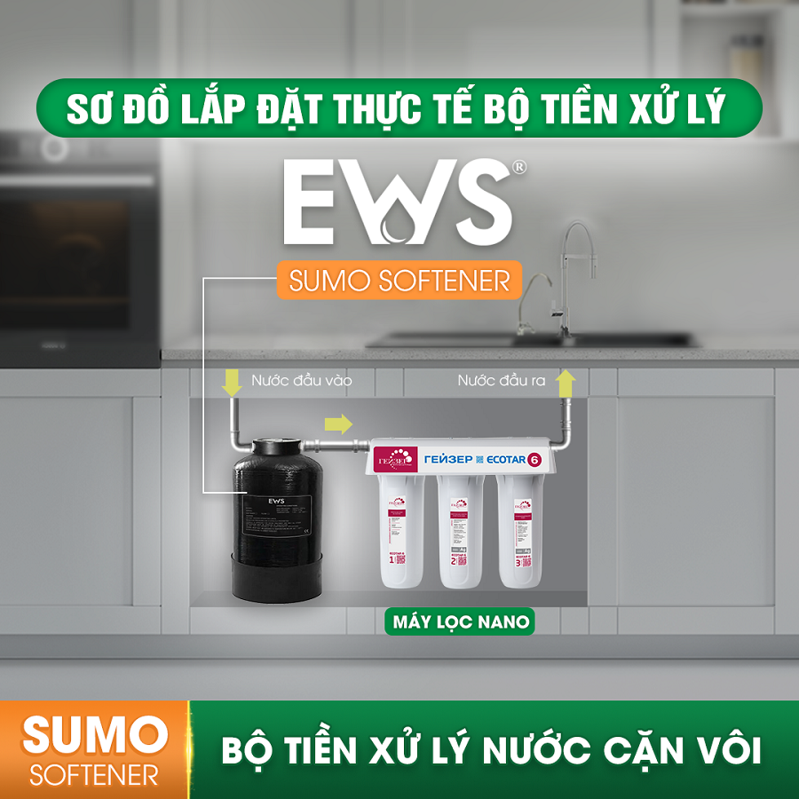 Bộ tiền lọc cột thô khử cặn canxi xử lý nước chống cặn Ews Sumo Softener