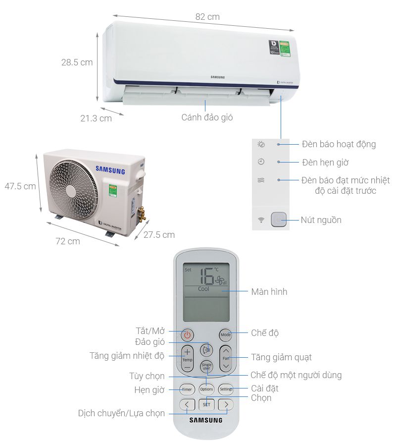SAMSUNG AR09TYHQASINSV/AR12TYHQASINSV/AR18TYHQASINSV/AR24TYHYCWKNSV 1 CHIỀU INVERTER GAS R32