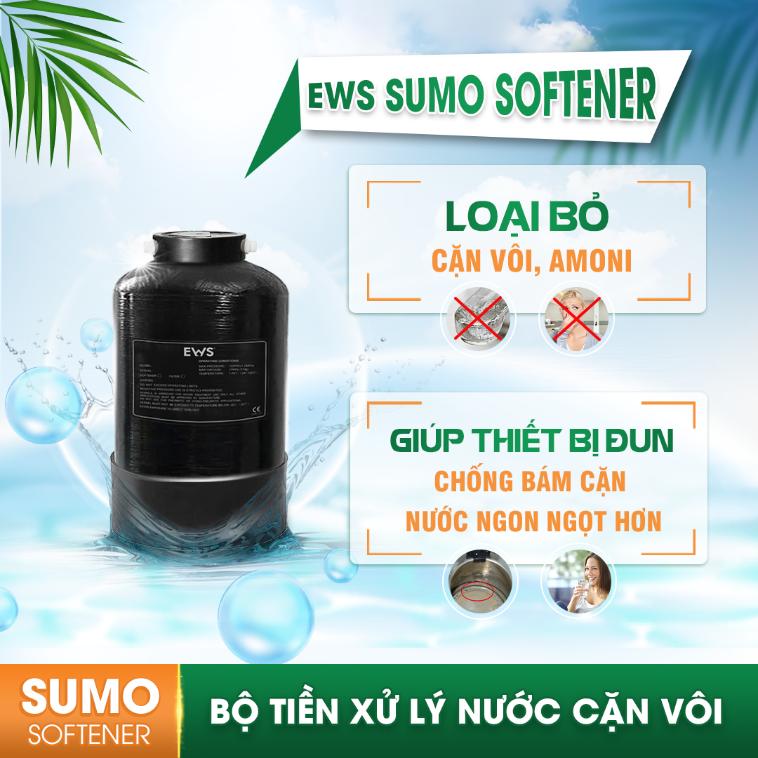 Bộ tiền lọc cột thô khử cặn canxi xử lý nước chống cặn Ews Sumo Softener