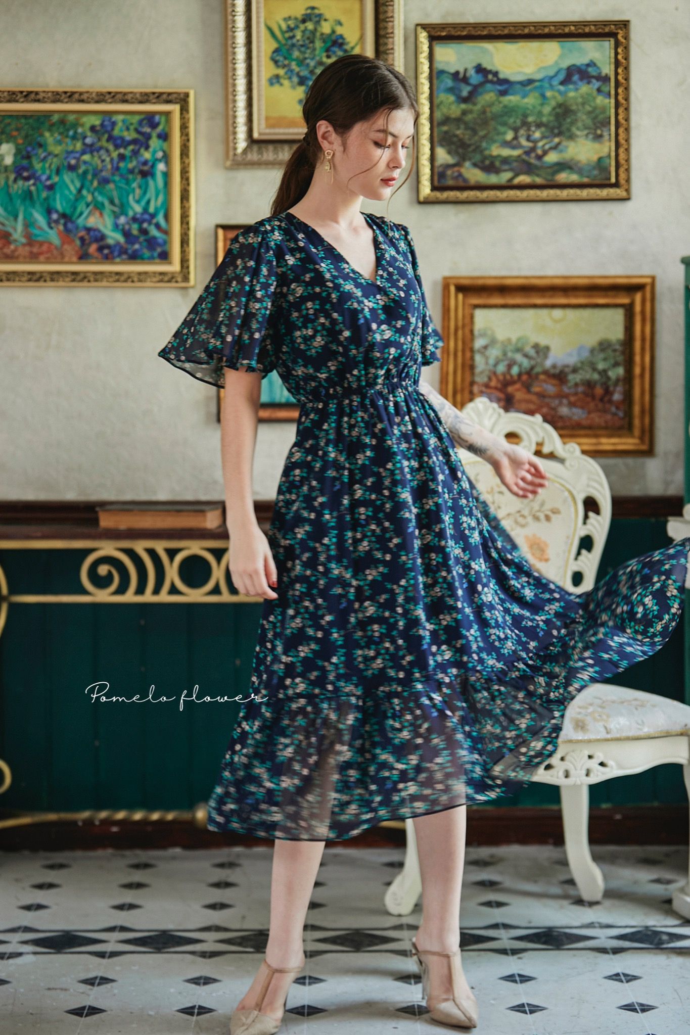 Floral Dress - Đầm voan cổ V in hoa , chun eo - D710