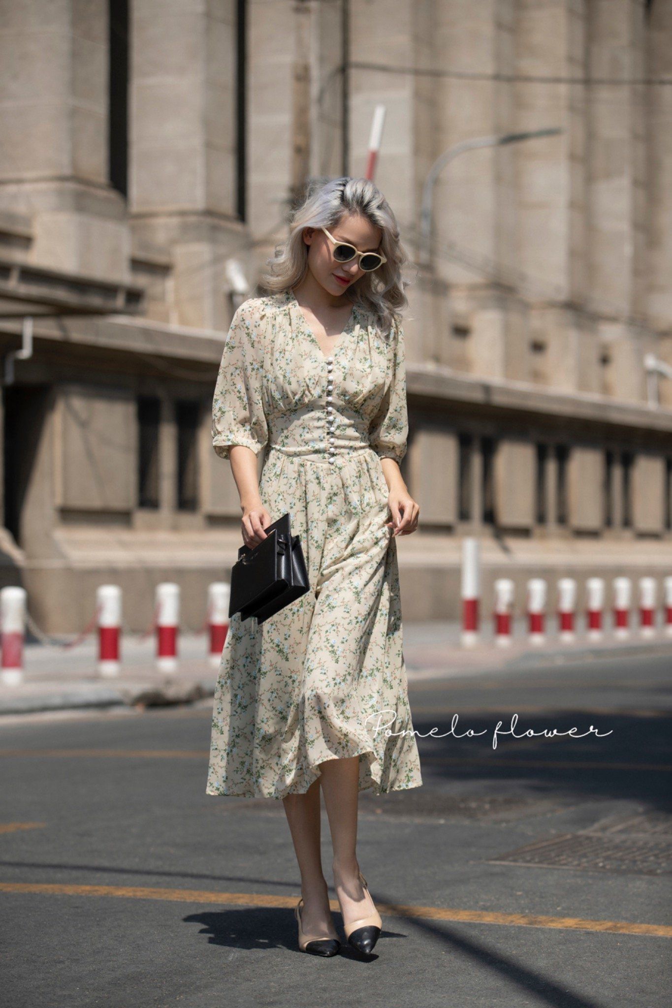 Melina Dress - Đầm voan in hoa có cúc - D01