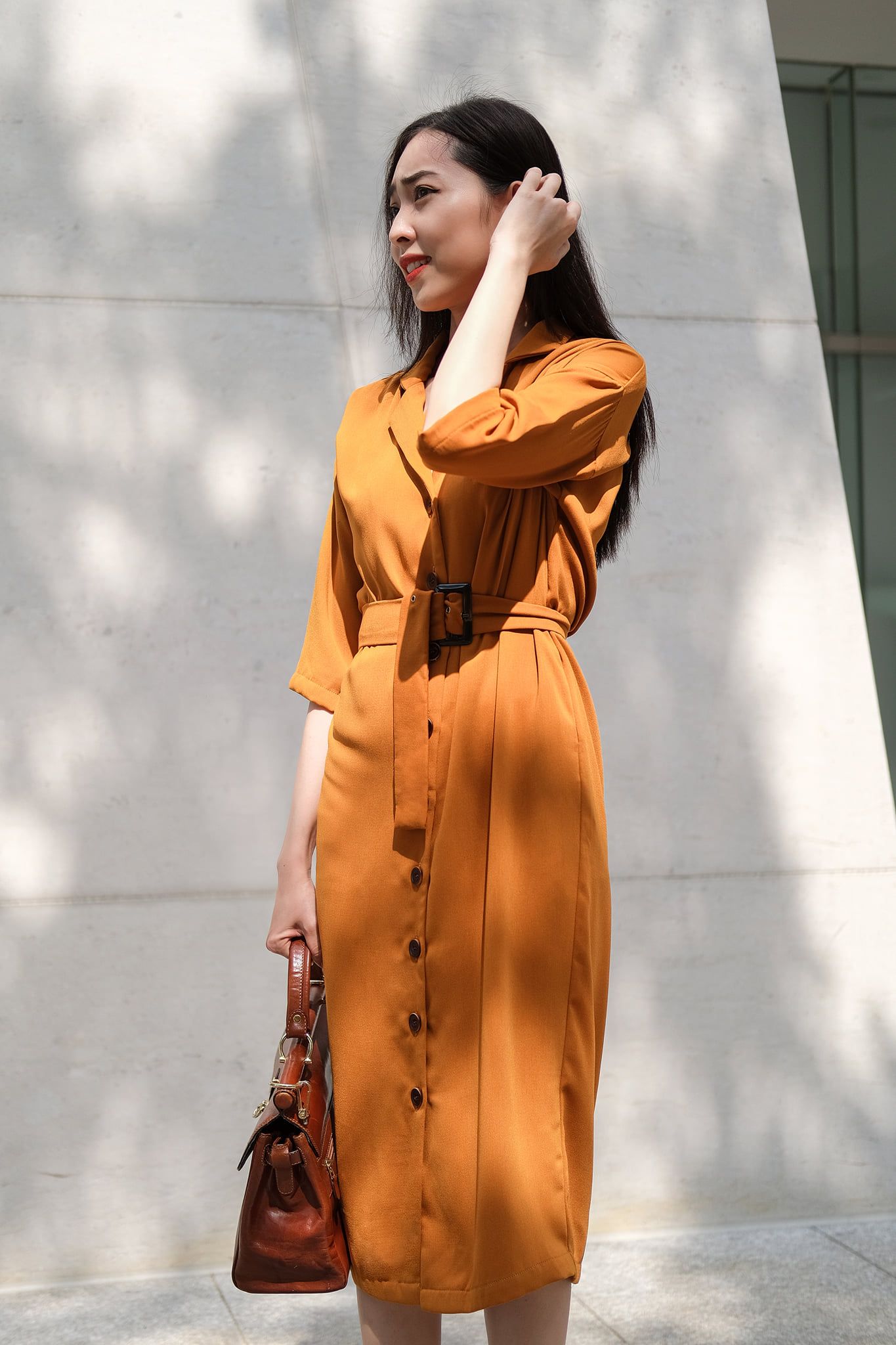 Catherine Dress - Đầm suông cổ vest cam nâu D149