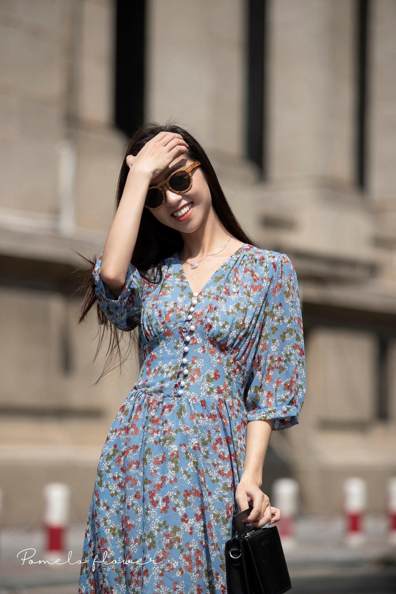 Melina Dress - Đầm voan in hoa có cúc - D01