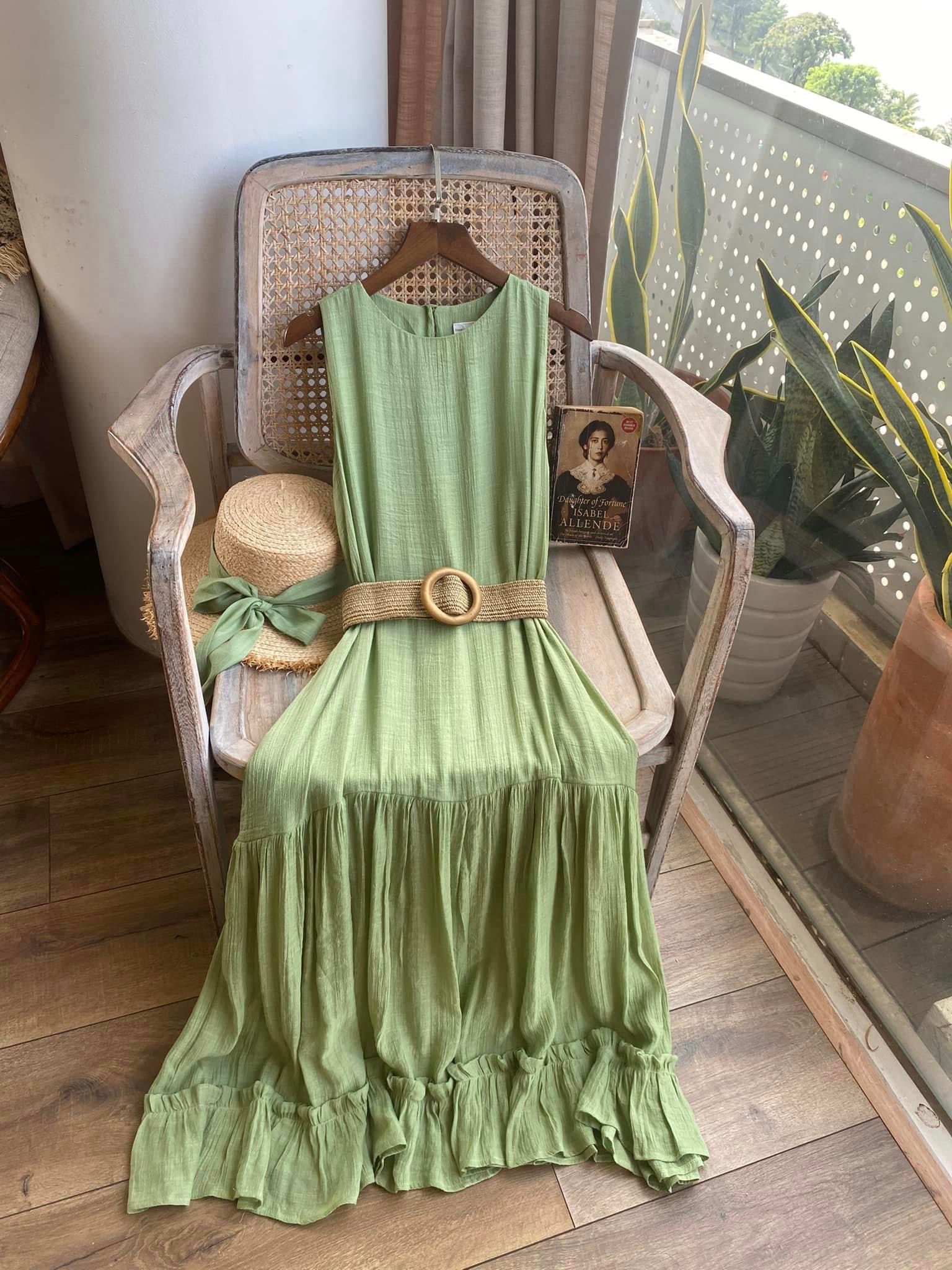 Ana Dress - Đầm xô lụa sát nách xanh lá D46