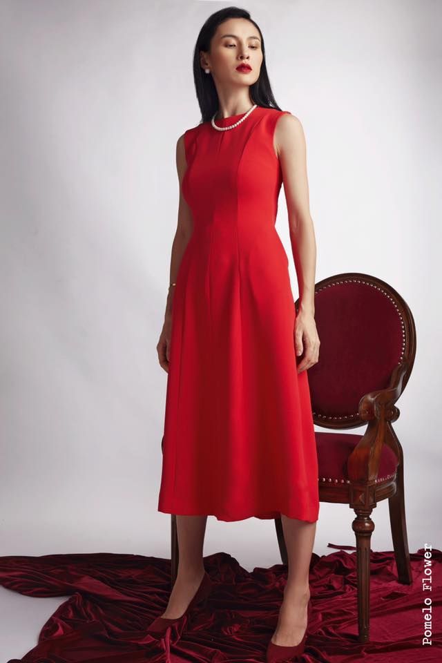 Anaya Dress - Đầm midi 8 mảnh màu đỏ D326