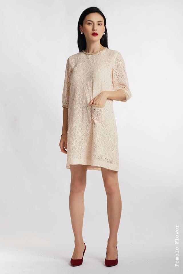 Kate Dress - Đầm ren hồng nude cổ tròn đính cườm D320