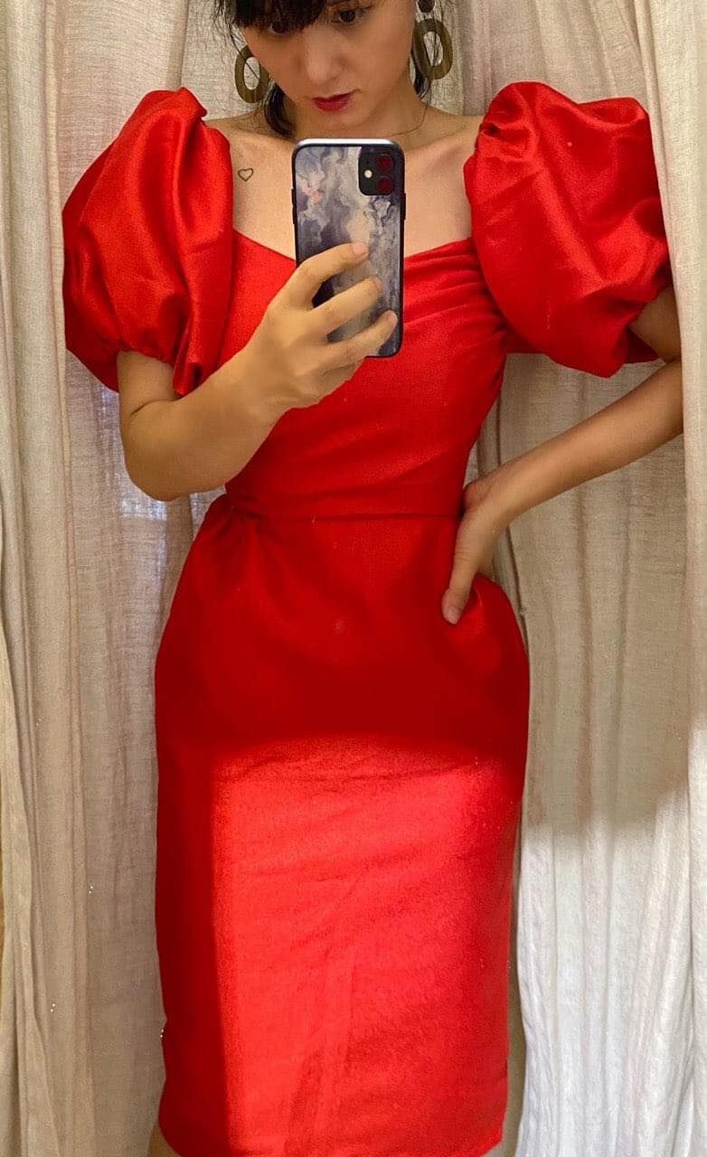 Elaina Dress - Đầm tafta tay phồng giả đắp vạt D94