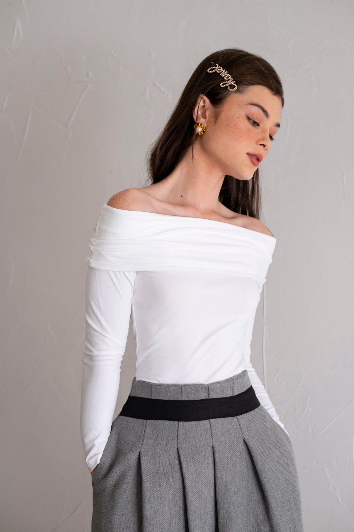Lena Shirt - Áo trễ vai trắng dài tay A39