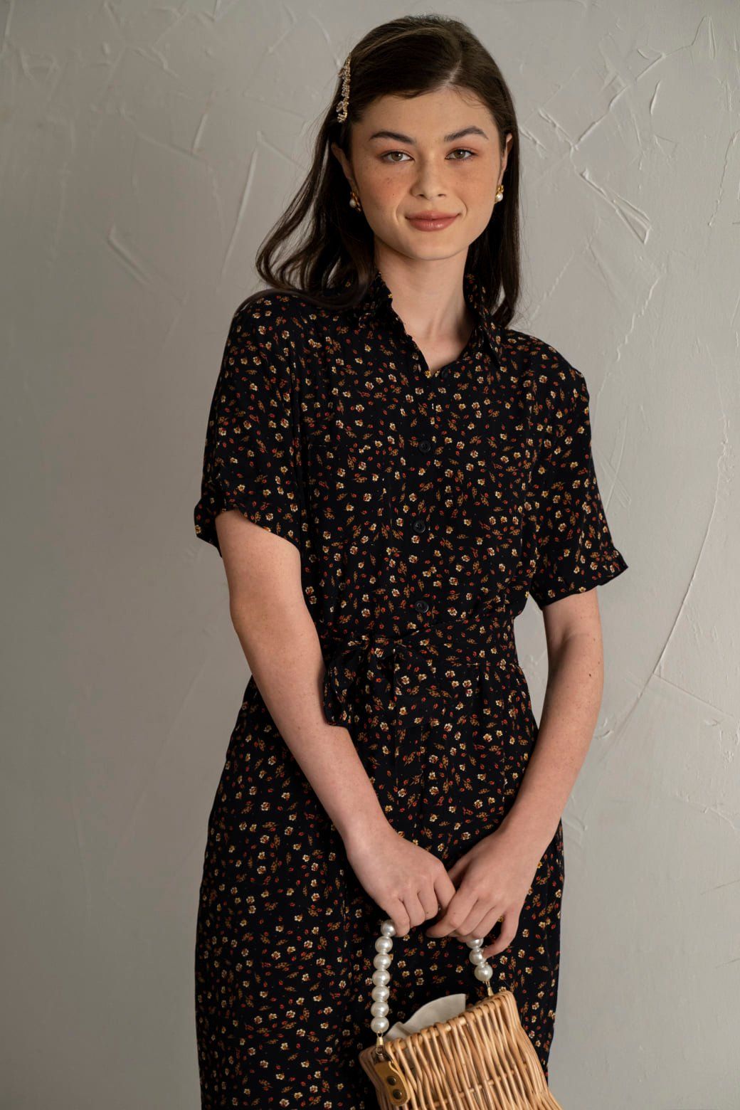 Lexie Dress - Đầm sơ mi đen hoa nhí có tay D159