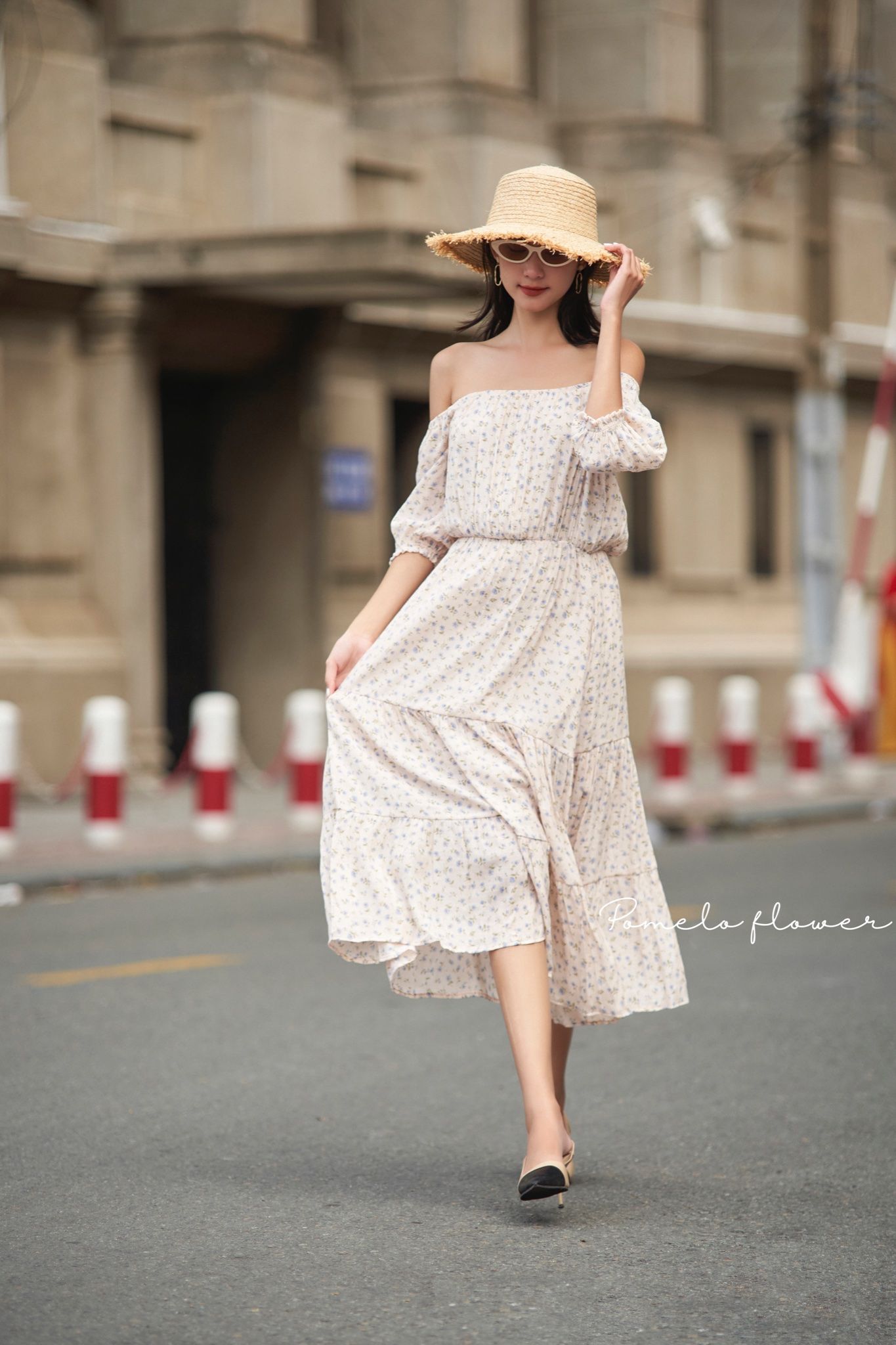 Norah Dress - Đầm Trễ vai xô lụa - nền hồng bông xanh nhỏ - D615