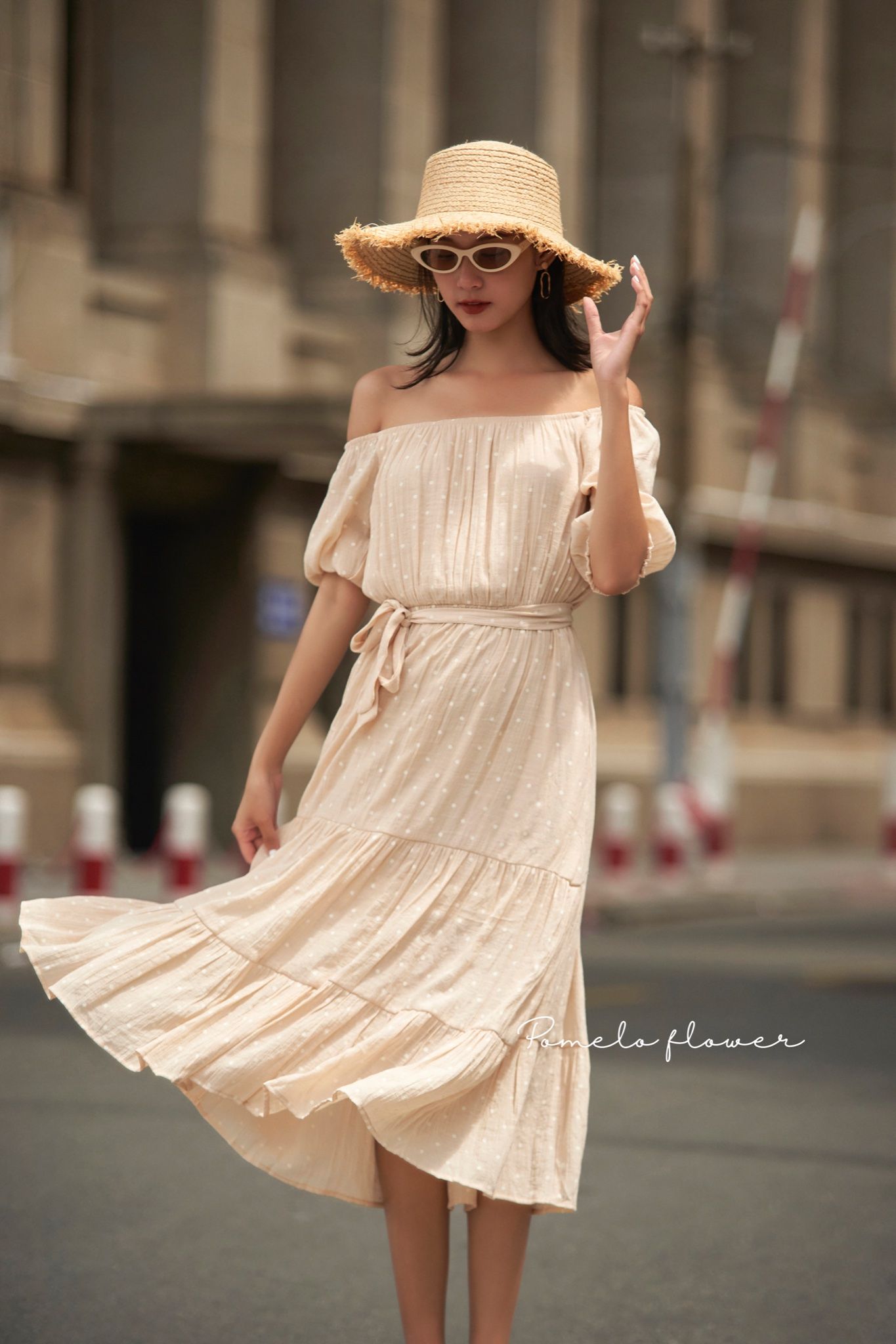 Hayley Dress - Đầm xô lụa trễ vai chấm bi - D612