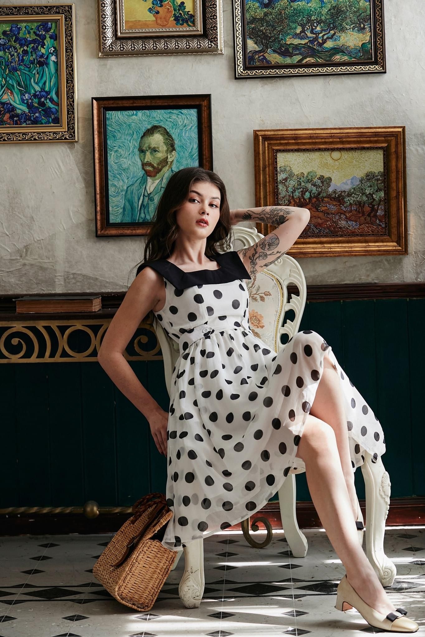 Eleanor Dress - Đầm Cổ Vuông Hoạ Tiết Chấm Bi E02