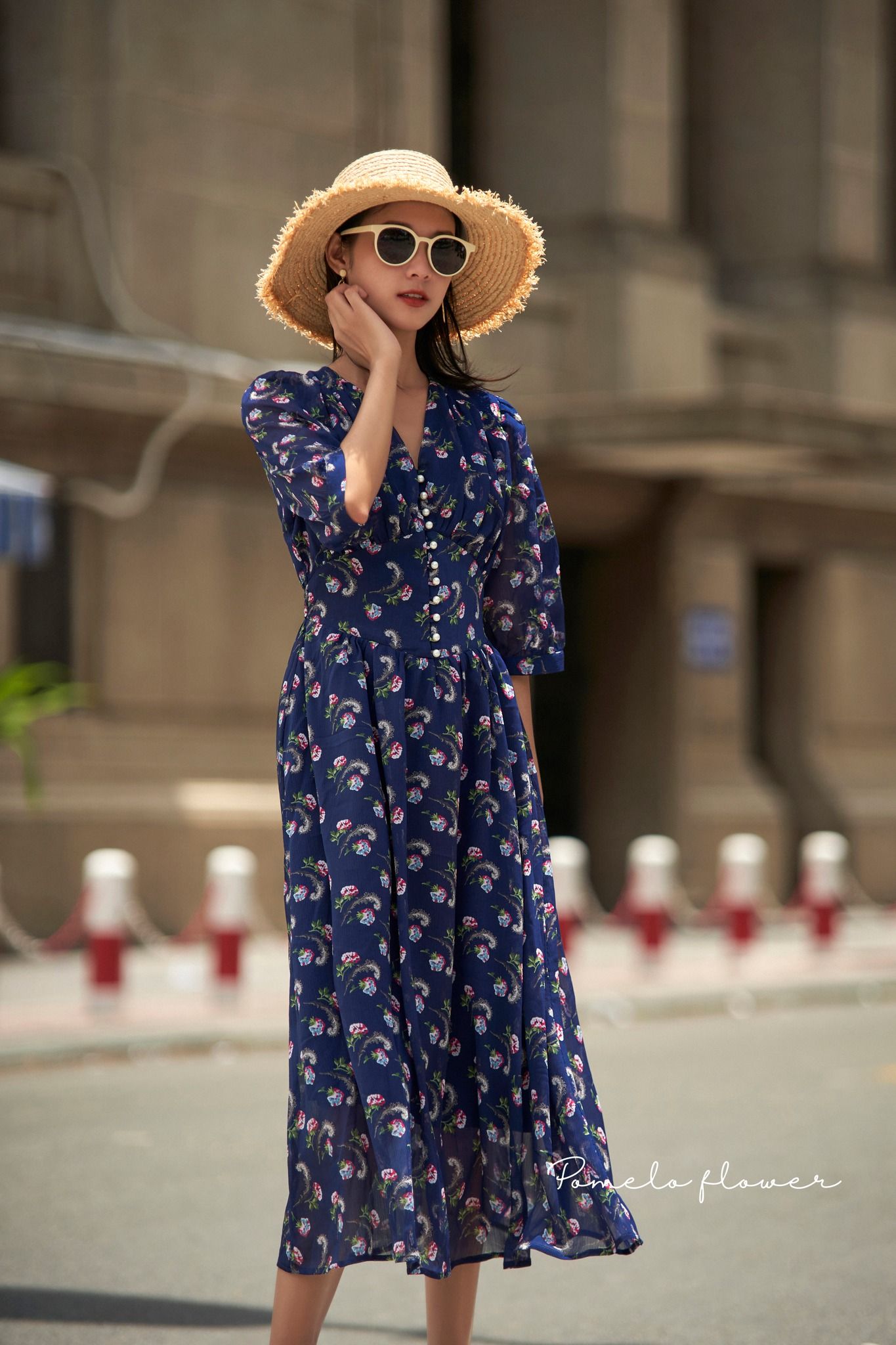 Melina Dress - Đầm voan in hoa có cúc - D01