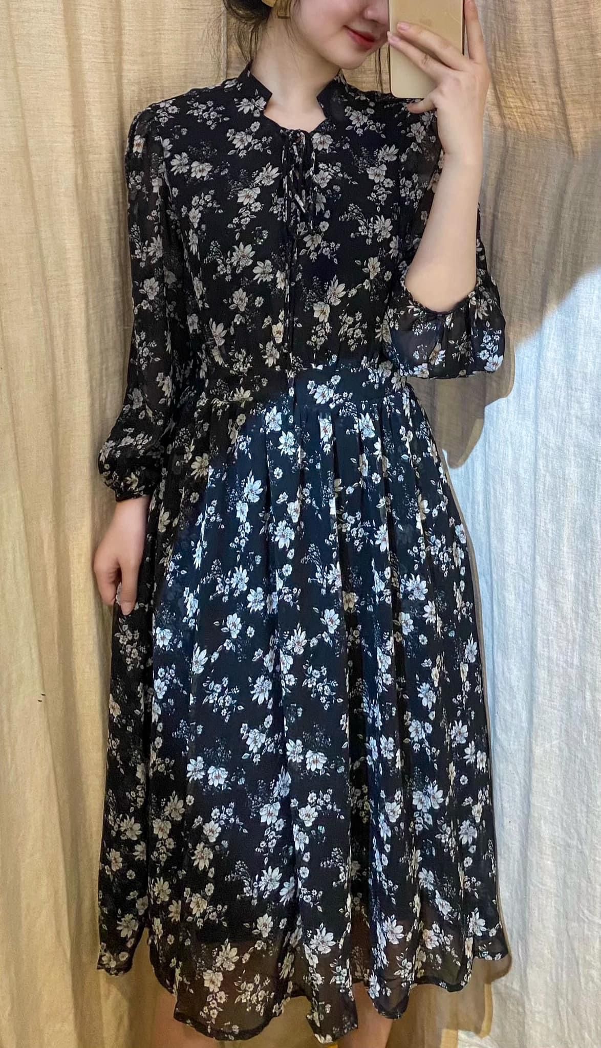 Đầm Voan in hoa , nhấn eo - D715