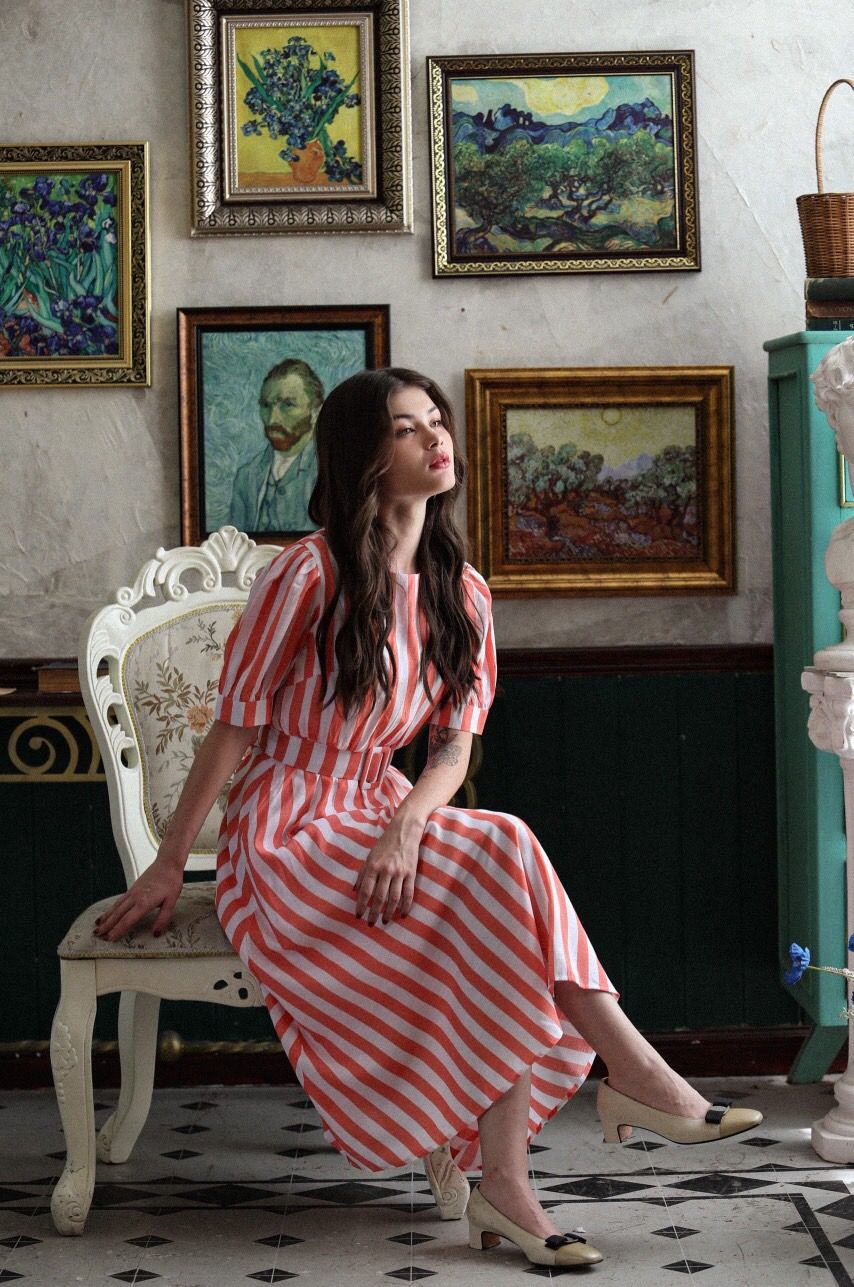 Aurora Dress - Đầm Tay Ngắn Kẻ Sọc Đai Eo D930