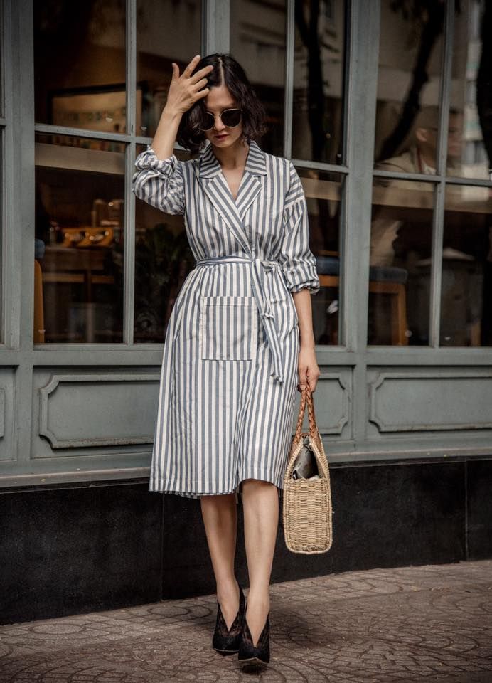 Marlee Dress - Đầm kẻ xanh cổ vest D380