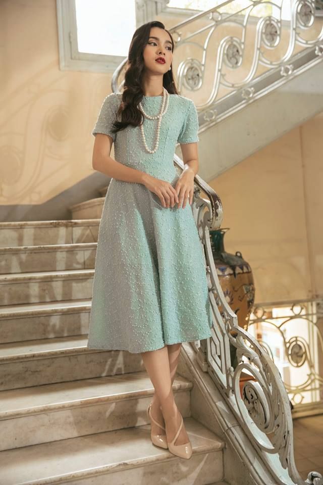 Nadia Dress - Đầm midi len tweed cổ tròn D384 D385