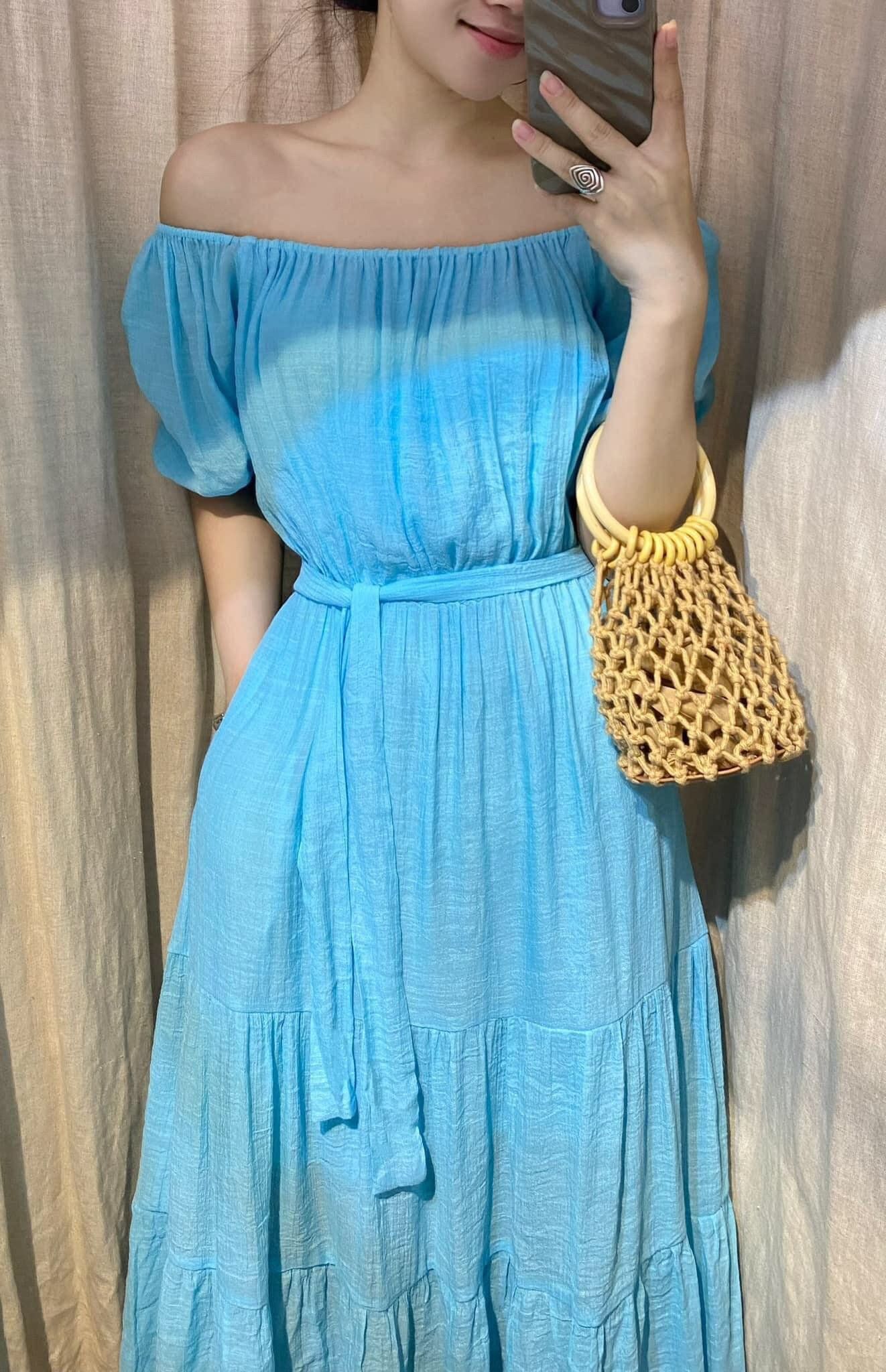 Laila Dress - Đầm xô lụa trễ vai xanh biển D56