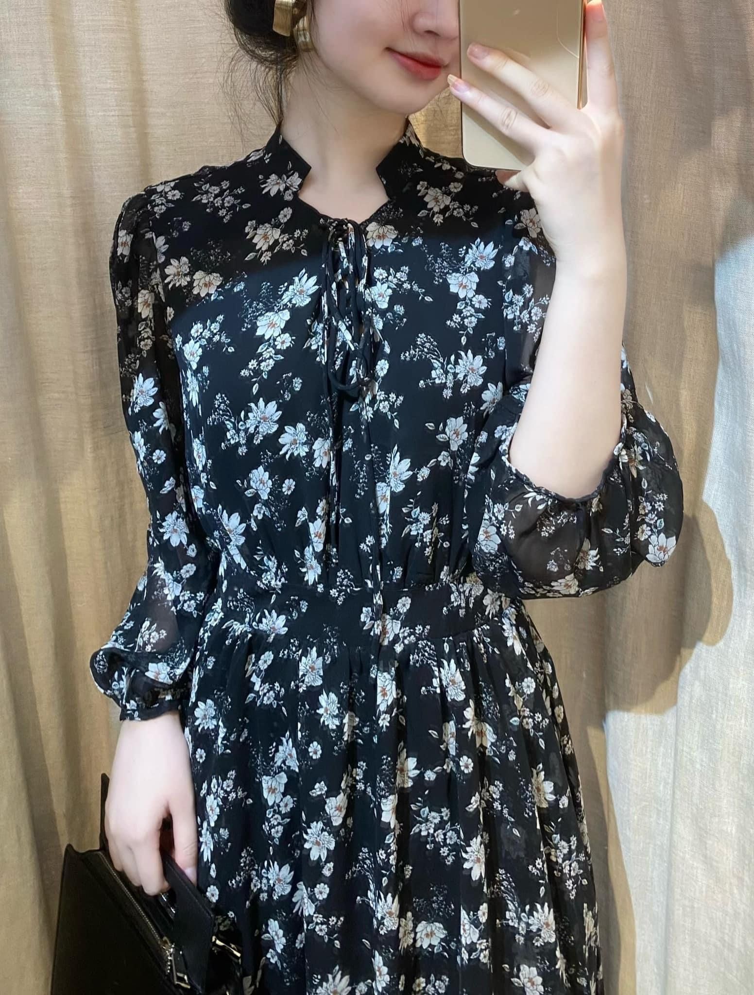 Đầm Voan in hoa , nhấn eo - D715