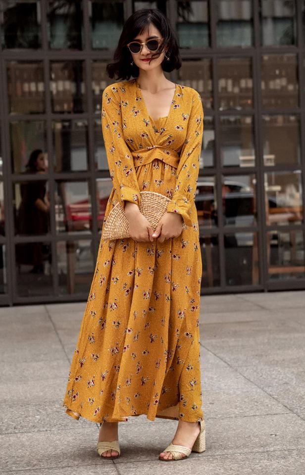 Alison Dress - Đầm vàng họa tiết hoa D408