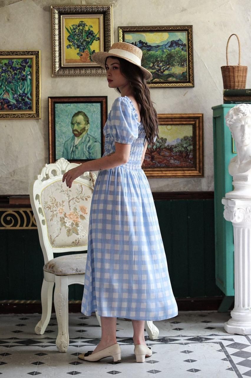 Chloe Dress - Đầm nhún ngực caro trắng xanh - D15