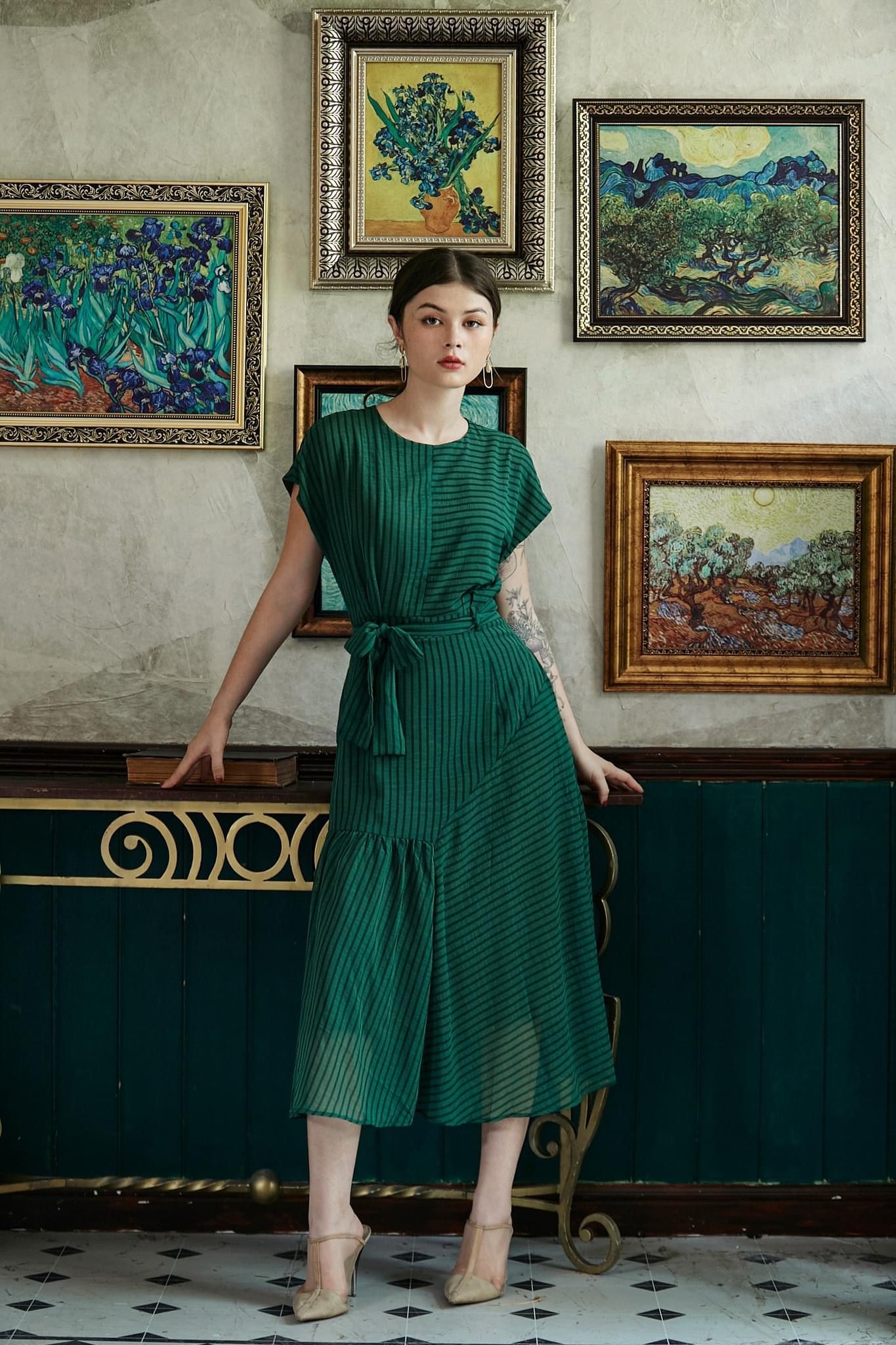Evergreen Dress - Đầm Kẻ Sọc Đai Lưng PQ69