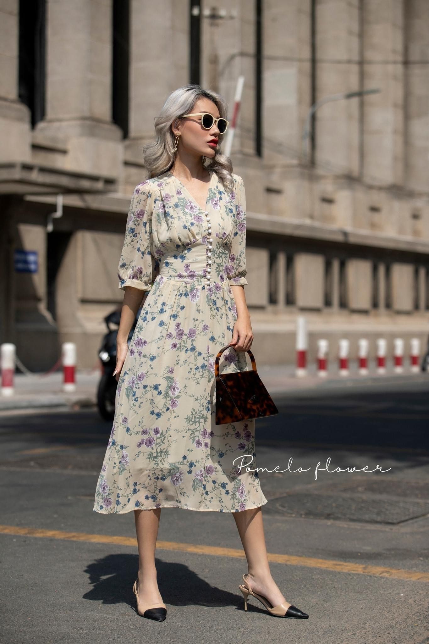 Melina Dress - Đầm voan in hoa có cúc - D01