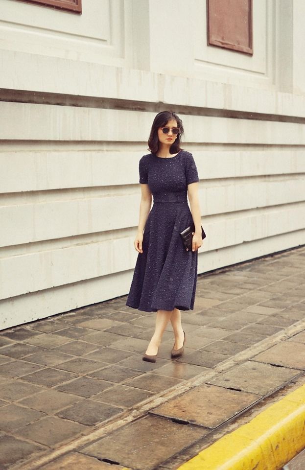Nadia Dress - Đầm midi len tweed cổ tròn D384 D385