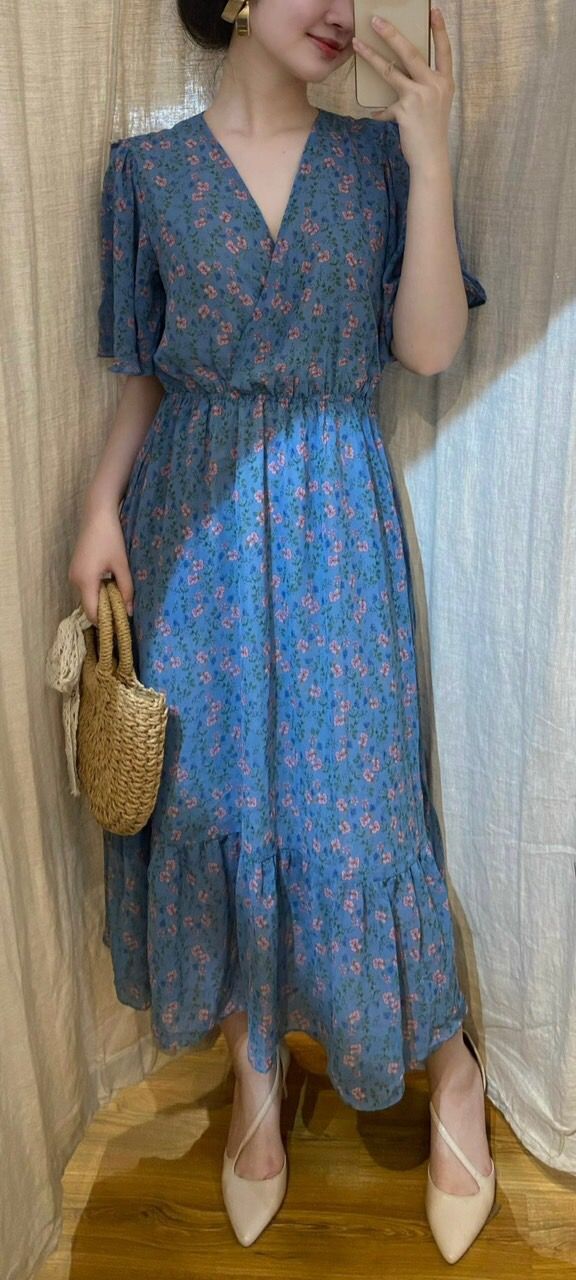 Floral Dress - Đầm voan cổ V in hoa , chun eo - D710